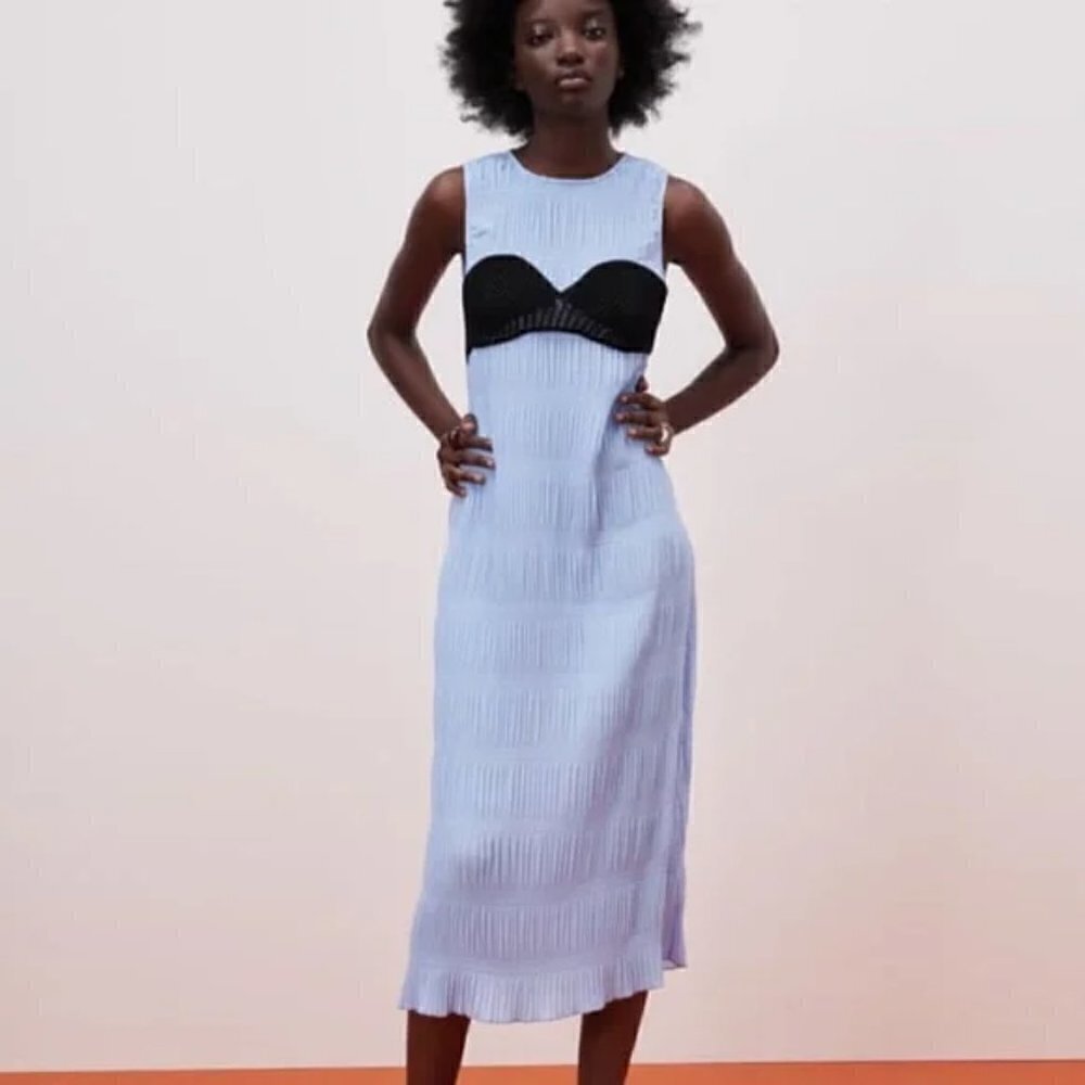Zara Pleated Crocheted Grecian Crinkle Flowy Maxi Dress NWT Size Small - Picture 7 of 16